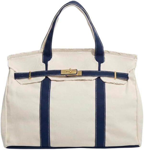 BOATKIN CANVAS TOTE BAG, CREAM AND NAVY, GOLD TONE HARDWARE, STRUCTURED HANDBAG 35 CM | Amazon (US)