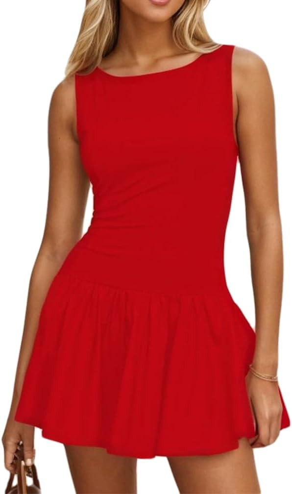 Women Sexy Crew Neck Flared Ruffle Hem Mini Dress Summer Sleeveless Slim Fit Solid Flowy A-Line S... | Amazon (US)