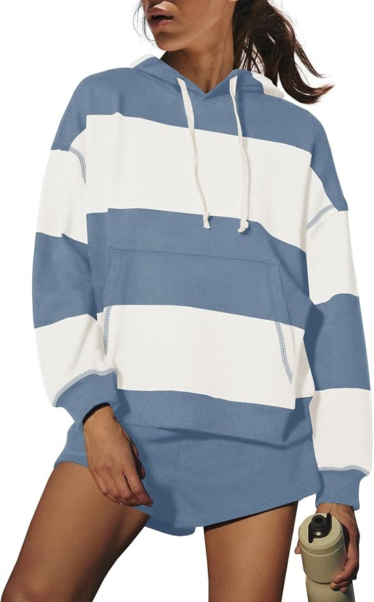 SENSERISE Women Striped Workout Set 2 Piece Outfits Matching Lounge Sets Oversized Hoodies Shorts... | Amazon (US)