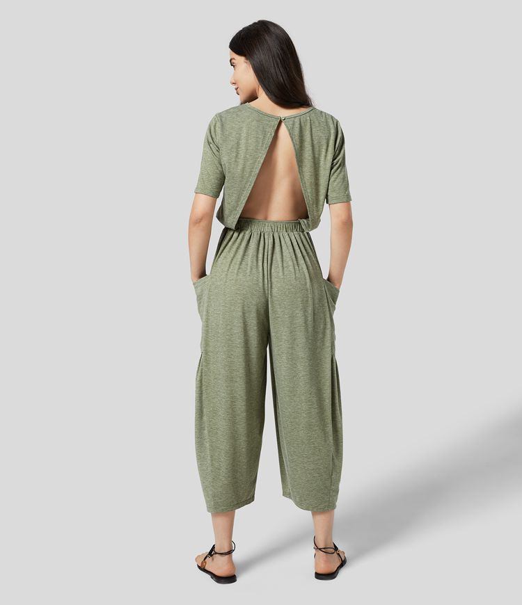 Backless Plicated Side Pocket Relax Casual Jumpsuit | HALARA