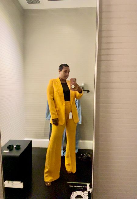 Yellow one button boyfriend blazer high waist flared pants matching suit #matchingsuit #businesscasual #workwear 

#LTKFind #LTKSeasonal