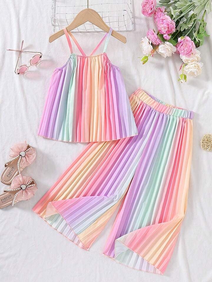 SHEIN Young Girl Rainbow Ombre Pleated Spaghetti Strap Crop Top With Wide Leg Pants Summer Outfit... | SHEIN
