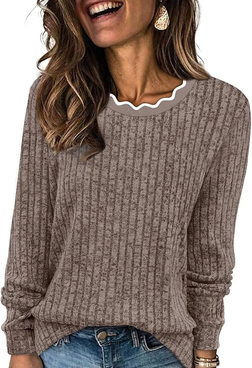 WIHOLL Womens Long Sleeve Shirts Lightweight Tunic Fall Top Sweaters 2026 | Cute Scallop Neck Swe... | Amazon (US)