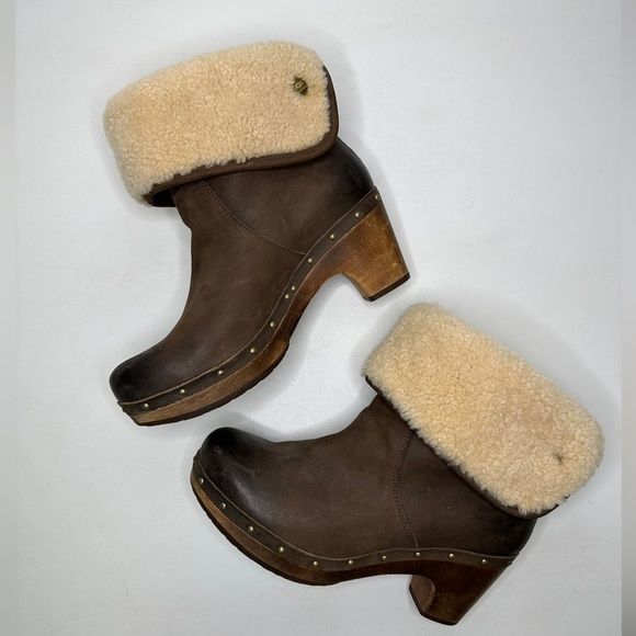 Ugg Leather Sherpa Lined Wooden Heel Fold Down Boots Brown sz 7 Women’s | Poshmark