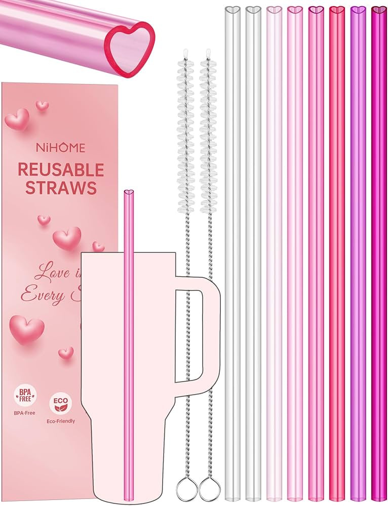 NiHome 8-Pack 12" Reusable Heart Shaped Straws Fit for Stanley Tumbler 40/30/64oz, Gradient Pink ... | Amazon (US)