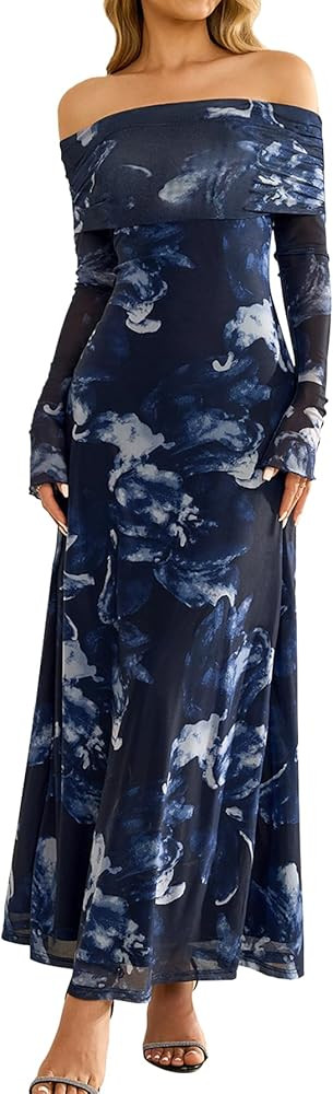 KUTUMAI Women Off Shoulder Long Sleeve Maxi Formal Wedding Guest Dress | Amazon (US)