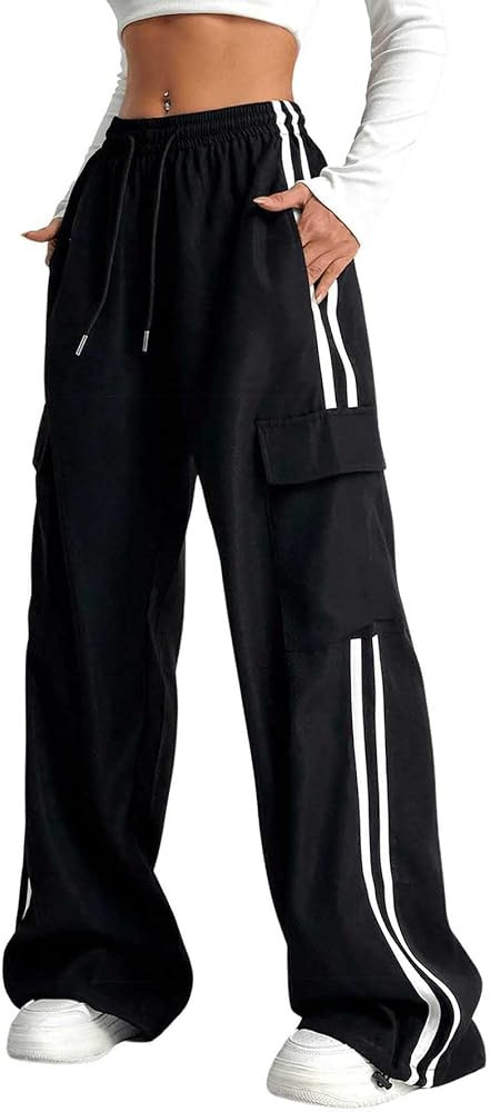 Verdusa Women's Cargo Pants Baggy Straight Wide Leg Track Pants Striped Joggers with Pockets Athl... | Amazon (US)