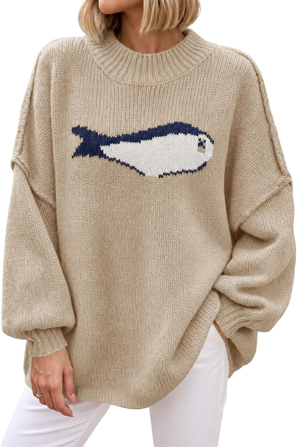 Saodimallsu Womens Fish Graphic Oversized Sweater Chunky Mock Neck Pullover | Amazon (US)