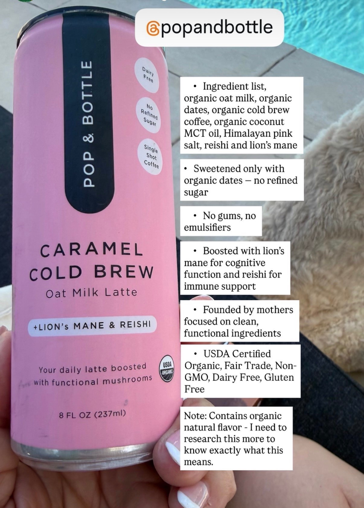 Organic dates, organic cold brew coffee, organic oat milk, coconut MCT oil, lion’s mane and reishi. Sweetened only with dates, no refined sugar, no artificial sweeteners. Fair Trade, USDA Organic and Non-GMO certified. Worth noting it does contain gum acacia and organic natural flavor. Still one of the better functional coffees out there. 

I found this at the Erewhon Glendale grand opening but you do not need to make the trip. I have it linked below so you can grab it on Amazon. 

#PopAndBottle #ColdBrew #FunctionalCoffee #LowToxLiving #OrganicCoffee #MushroomCoffee #LionsMane #Reishi #CleanDrinks #LowToxFood

#LTKfoodie