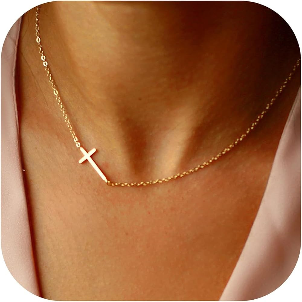 Cross Necklace for Women - 18K Gold Plated Cross Necklace Dainty Gold Cross Necklace Tiny Sideway... | Amazon (US)