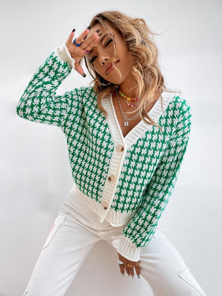 Houndstooth Pattern Button Up Cardigan | SHEIN