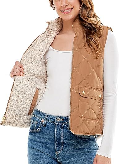 Love Tree Women's Reversible Quilted Padded Vest - Sherpa Fleece Zip Up Vest with Pockets | Amazon (US)