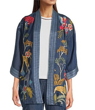 JOHNNY WAS Jane Lightweight Denim Embroidered Open Front 34 Bell Sleeve Kimono Jacket - S | Dillard's
