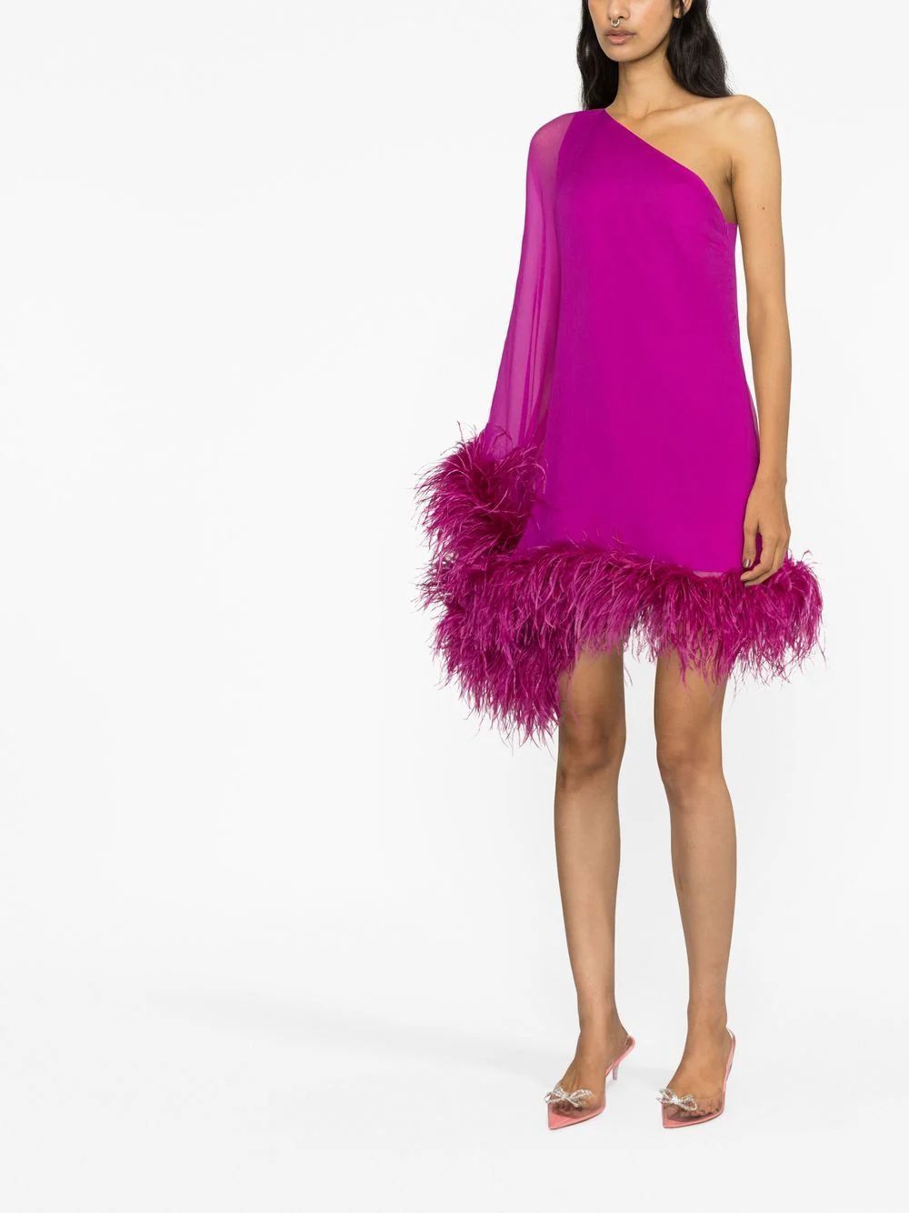 Taller Marmo feather-trim one-shoulder Dress - Farfetch | Farfetch Global