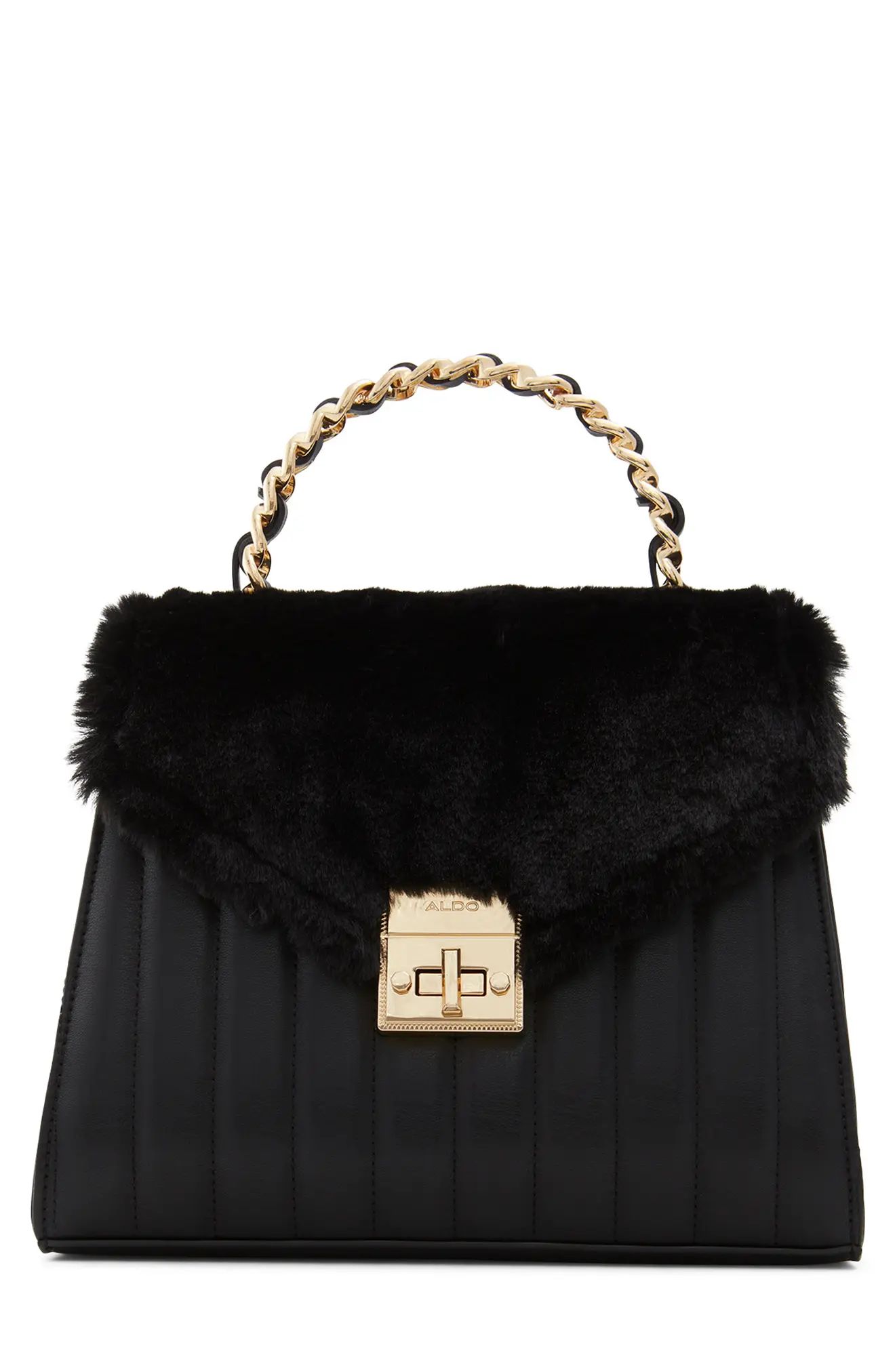 ALDO Abae Faux Fur Trim Faux Fur Top Handle Satchel in Black at Nordstrom | Nordstrom