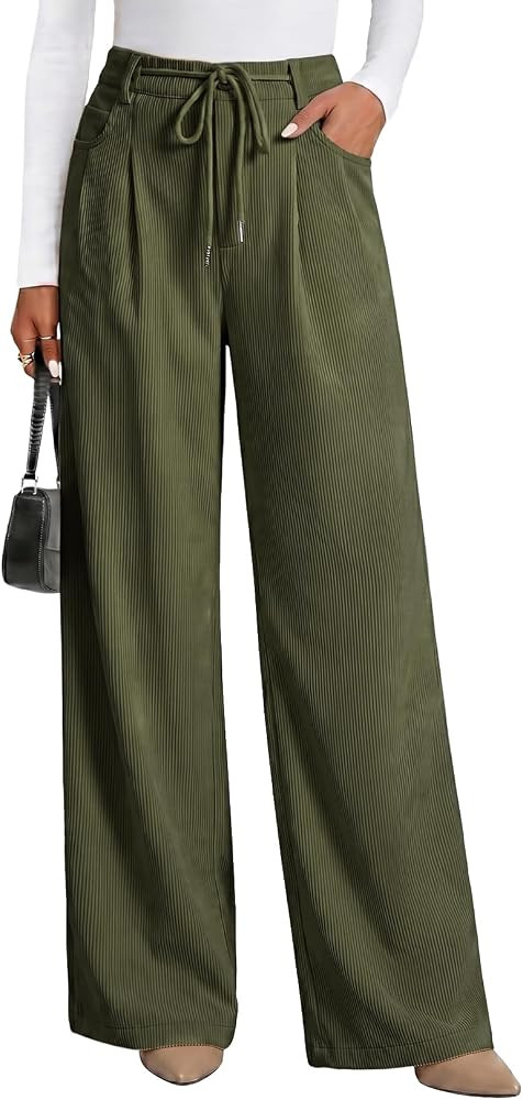 Sidefeel Corduroy Pants Women Wide Leg High Waisted Drawstring Baggy Pants | Amazon (US)