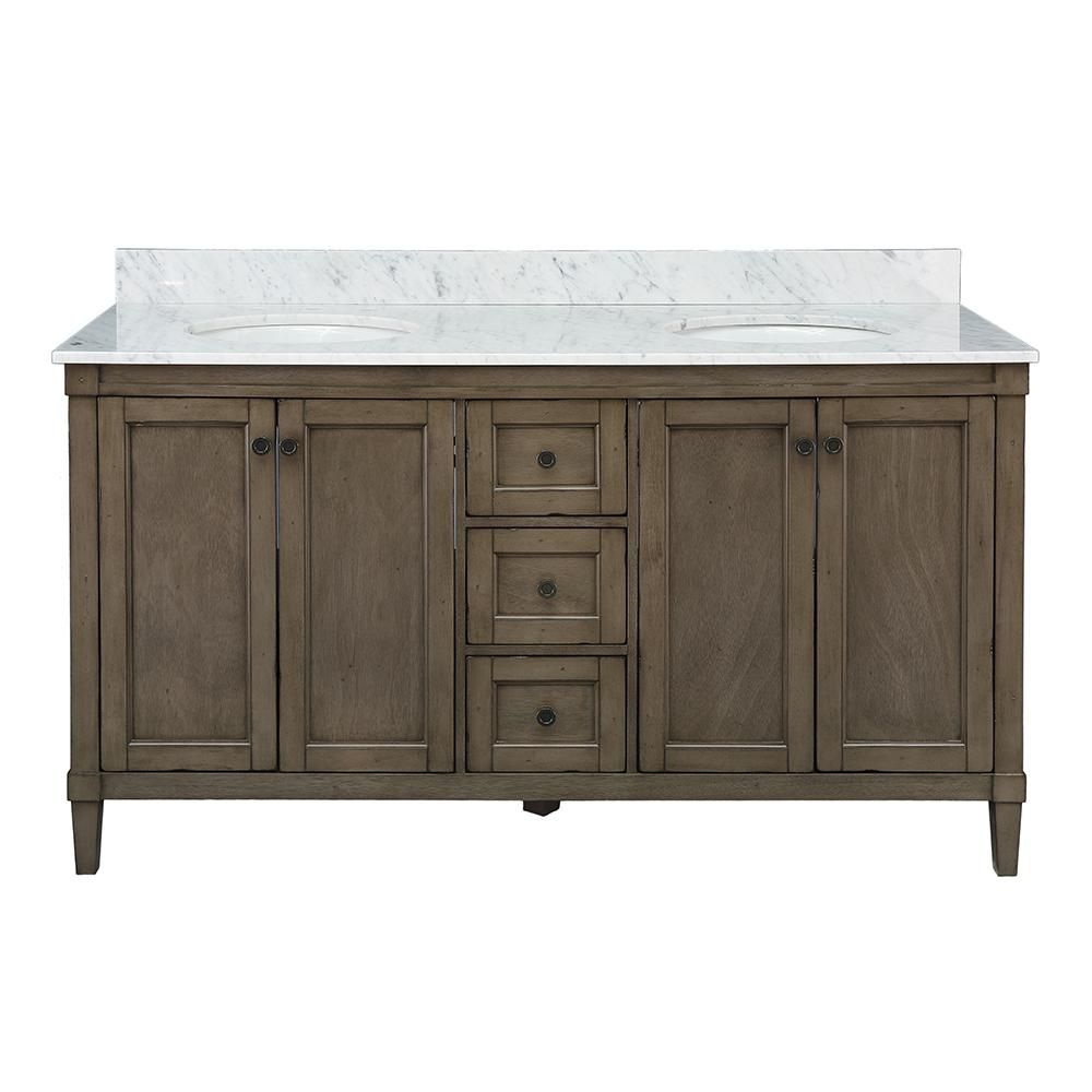 Rosecliff 61 in. W x 22 in. D Vanity in Distressed Grey with Carrara Marble Vanity Top in White w... | The Home Depot