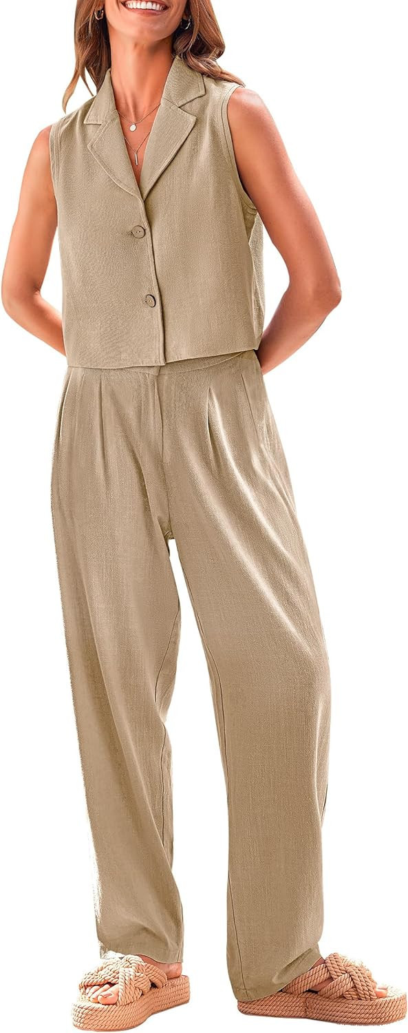 PRETTYGARDEN Women's Summer 2 Piece Blazer Outfit Casual Button V Neck Cropped Vest Tops High Wai... | Amazon (US)