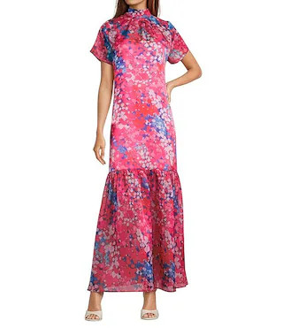 Leah Abstract Dime Print Mock Neck Short Sleeve Organza Maxi Dress | Dillard's