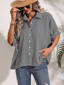 SHEIN VCAY Striped Print Batwing Sleeve Shirt SKU: sw2211152809848031(500+ Reviews)$10.99$10.44Ex... | SHEIN