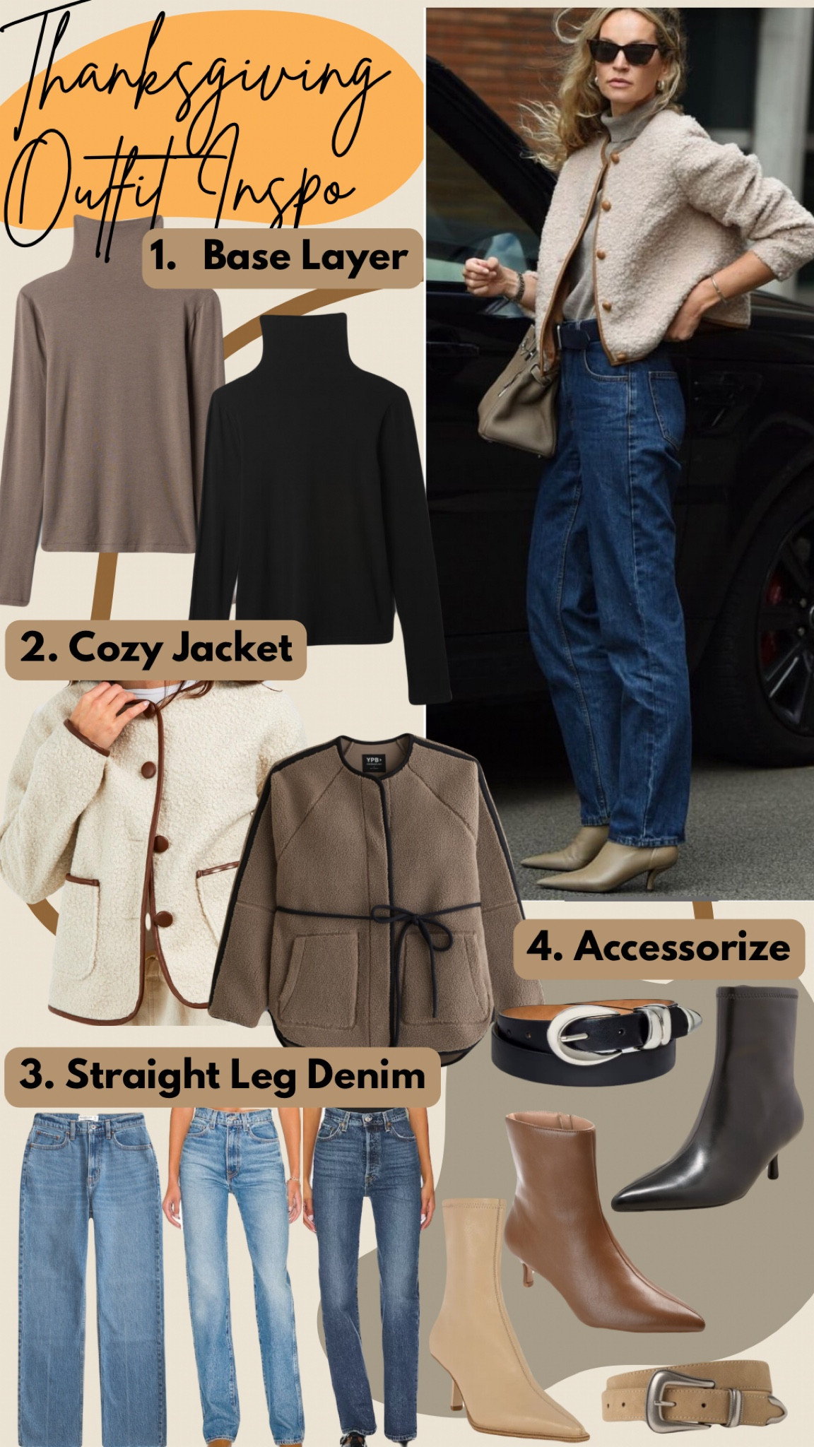 Thanksgiving outfit inspo! Comfy and chic is the theme! Turtleneck base, cozy jacket layer, straight leg jeans, and accessorize with kitten heeled boots. 

#LTKFindsUnder100 #LTKHoliday #LTKStyleTip