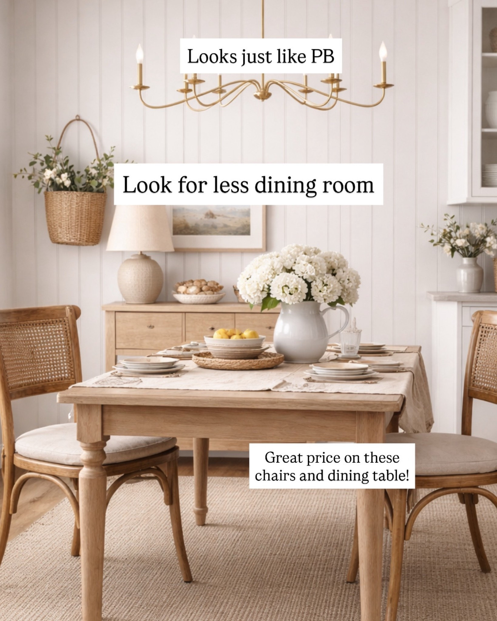 Love this look for less dining room. The chandelier looks just like Pottery Barn, but for a fraction of the price also love the rattan dining chairs and turned leg dining room table. ￼

Pottery barn look for less, clearance  sale, dining room, decor, studio McGee Amazon Home, Wayfair Home

#LTKSaleAlert #LTKHome