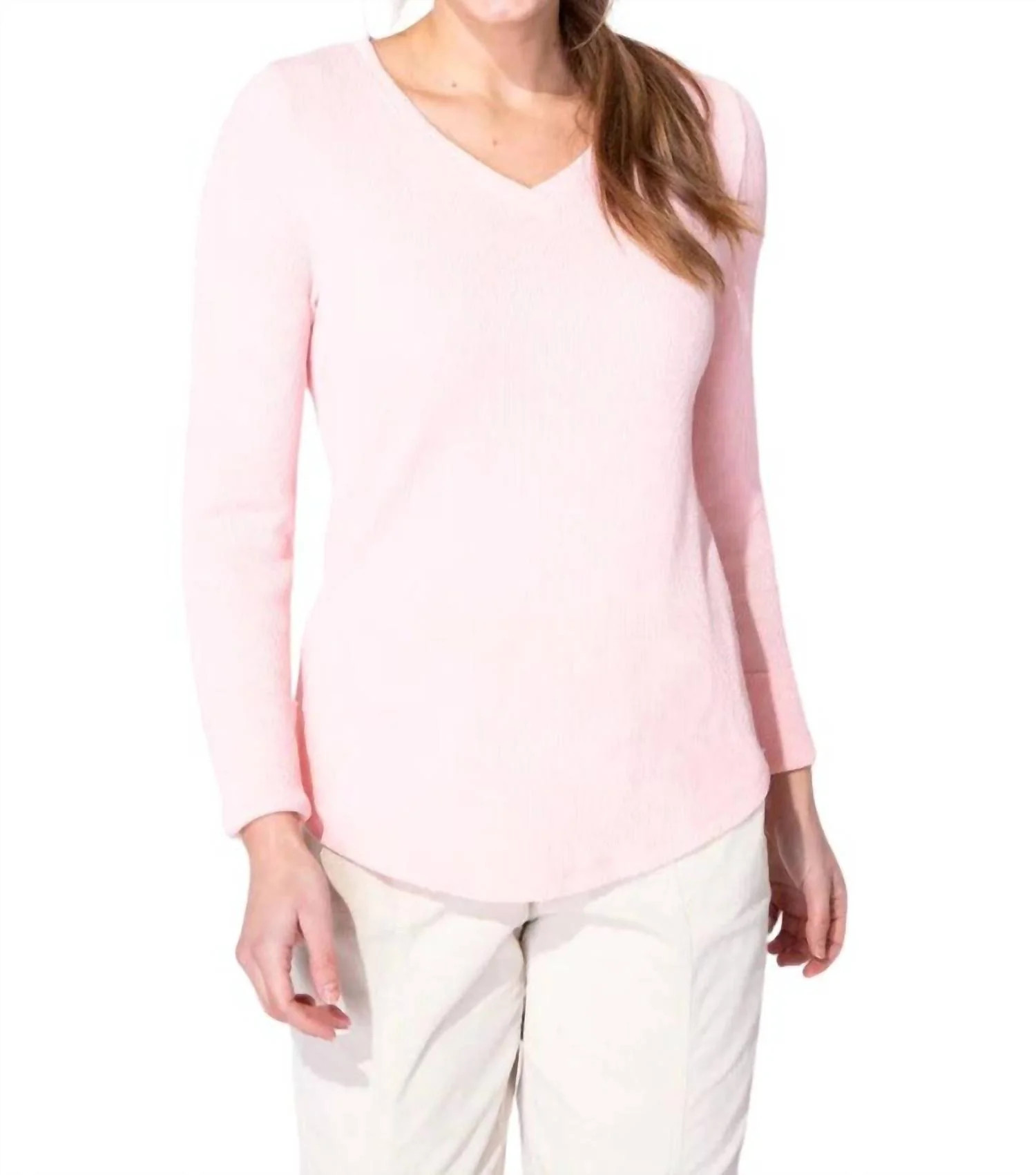 Waffle Knit Hi-Lo V-Neck In Pink | Shop Simon