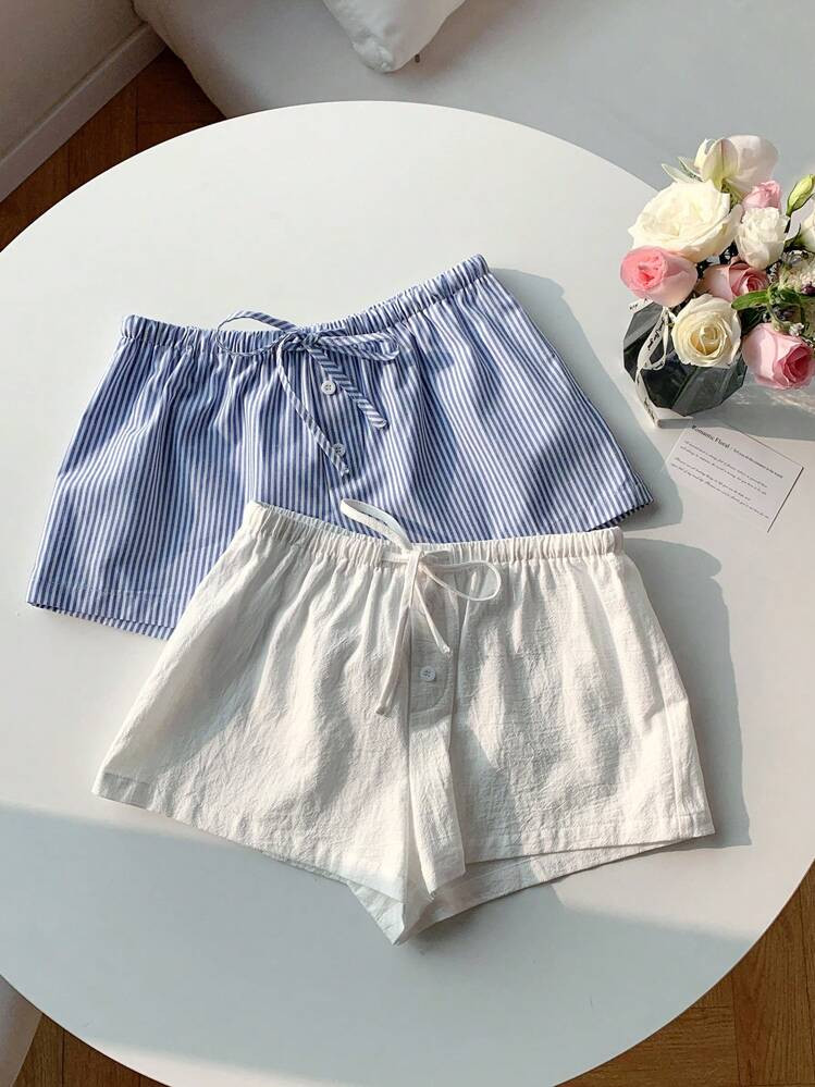 Comfortcana 2pcs Women Linen Striped Shorts | SHEIN