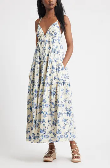 Treasure & Bond Floral Tiered Cotton Maxi Sundress in Ivory- Blue Bloom Toile at Nordstrom Rack, Size X-Large | Nordstrom Rack