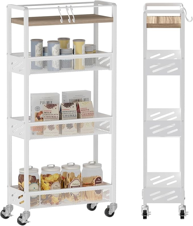 DGSNADGO Slim Rolling Storage Cart, 4-Tier Kitchen Cart on Wheels, Narrow Utility Cart with Handl... | Amazon (US)