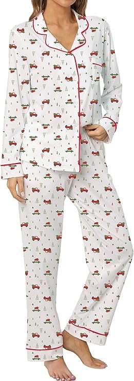 LUBOT 2024 Christmas Pajamas 100% Cotton Womens Pajamas Set 2 Piece Soft Button-Down Xmas PJs Set... | Amazon (US)