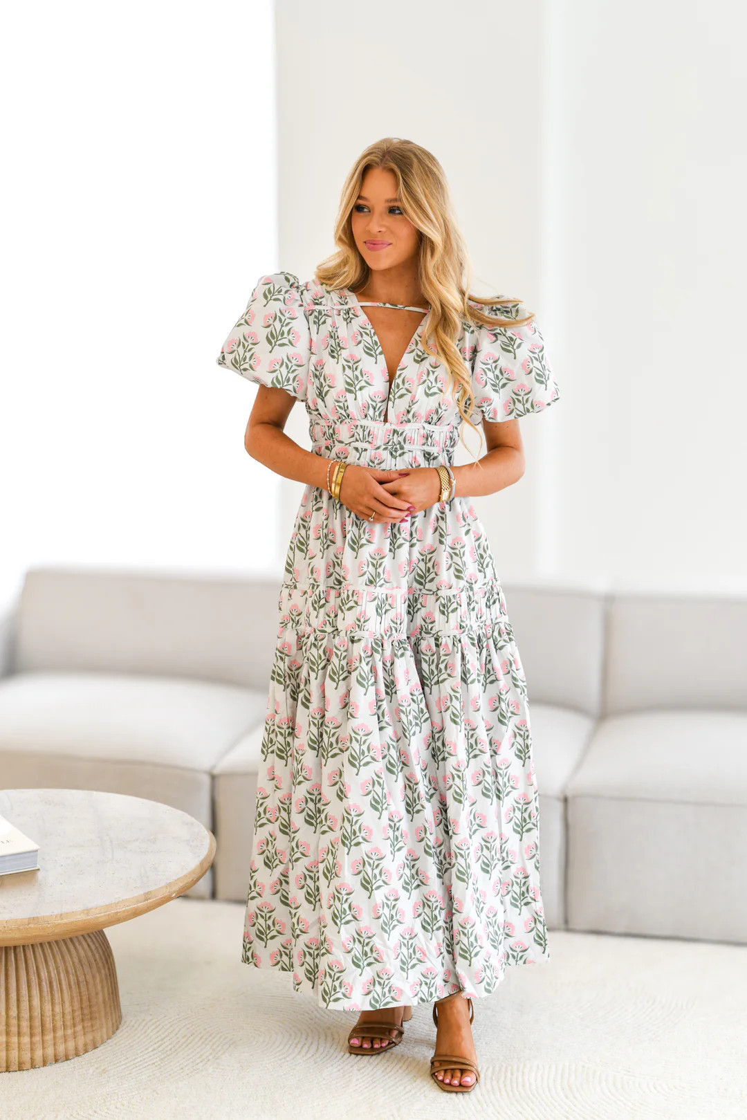 Caley Puff Sleeve Midi Dress-White/Pink and Green | Fancyd Boutiqe