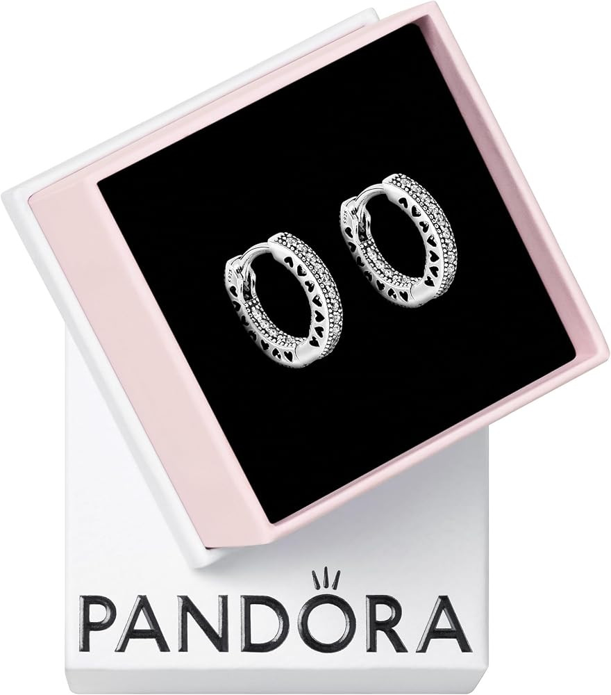 Pandora Signature Women's Sterling Silver Pav\u00e9 Heart Cubic Zirconia Hoop Earrings | Amazon (UK)