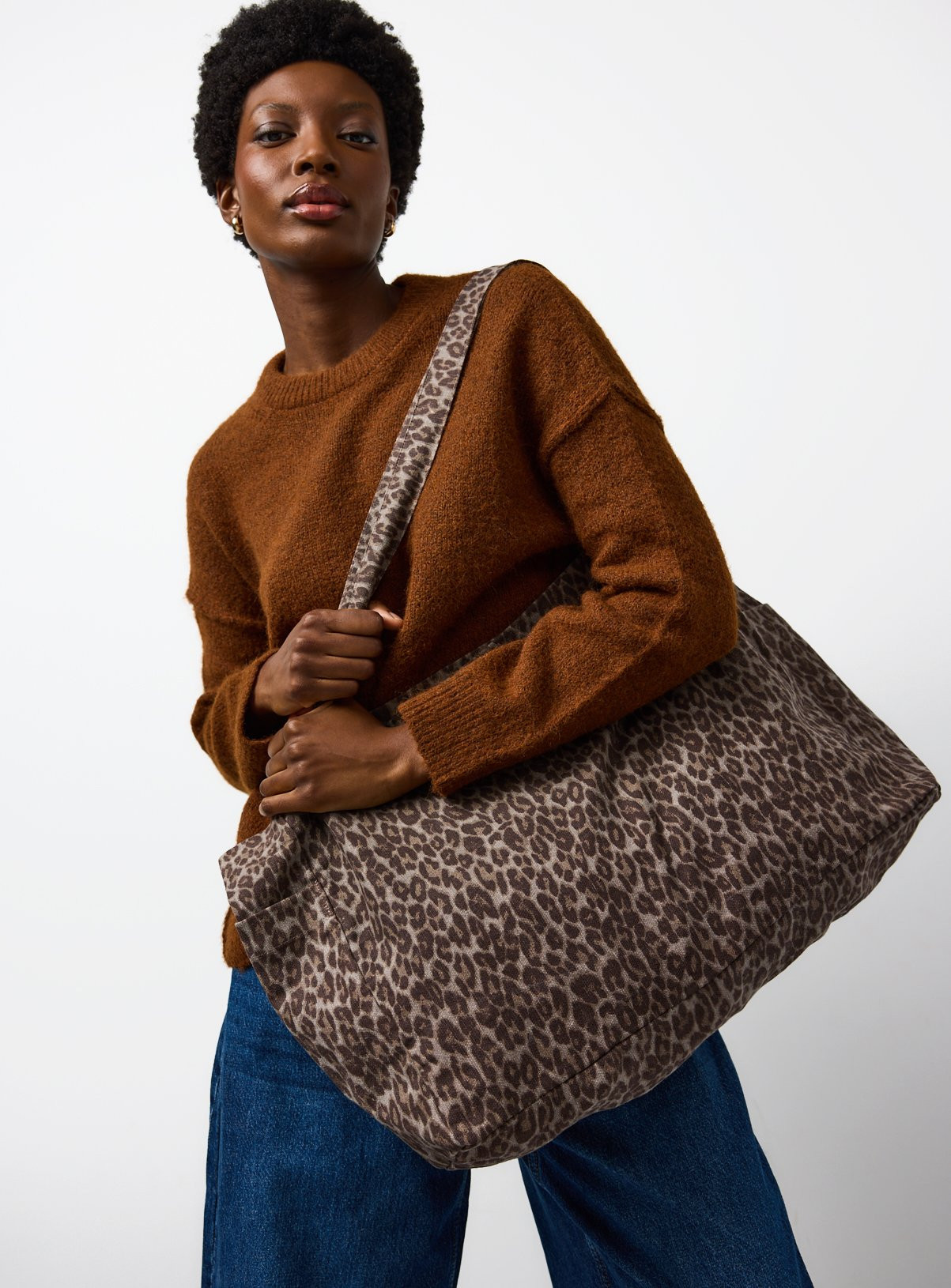 Brown Leopard Printed Canvas Tote Bag One Size | Tu Clothing