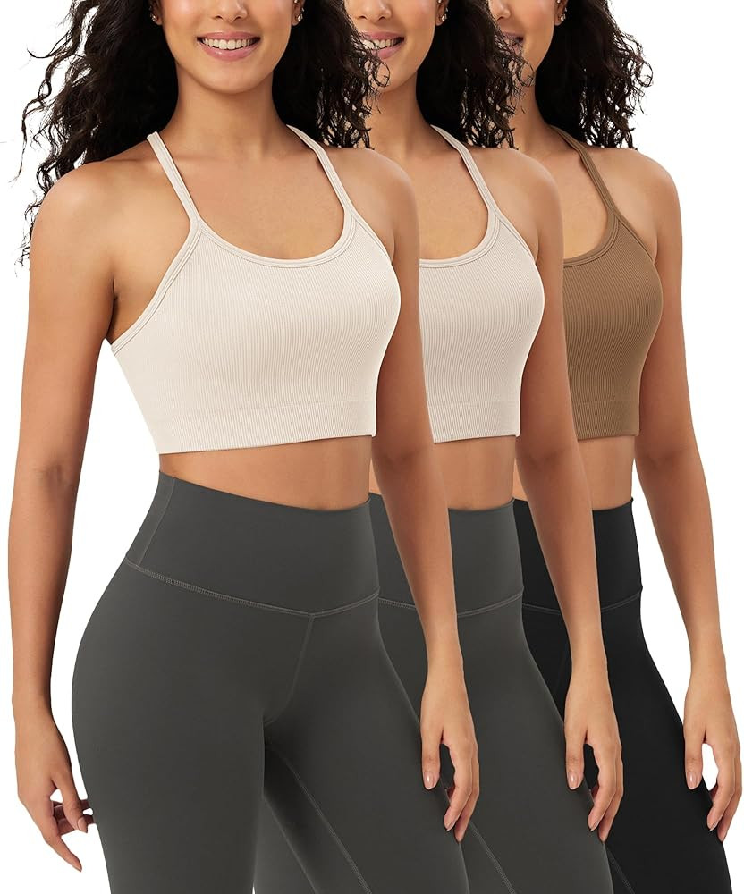 ODODOS Seamless Racerback Sports Bra for Women Ribbed Camisoles Non Padding Yoga Bra Crop Tank To... | Amazon (US)