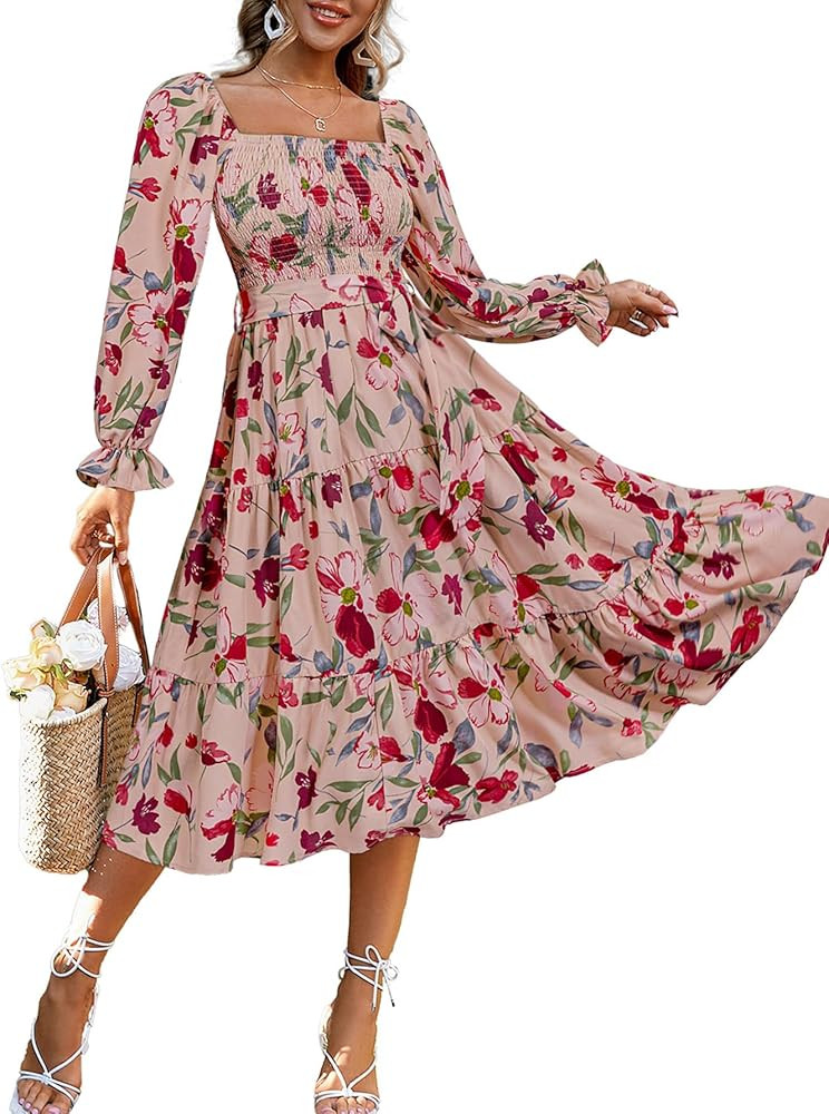 Amegoya Women's Boho Flowy Long Sleeve Square Neck Floral Midi Dress Smocked Spring Fall Wedding ... | Amazon (US)