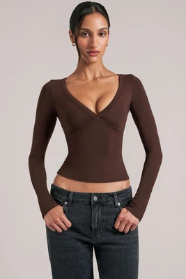 V-Neck Long-Sleeve Top  in Chocolate Brown | Oh Polly