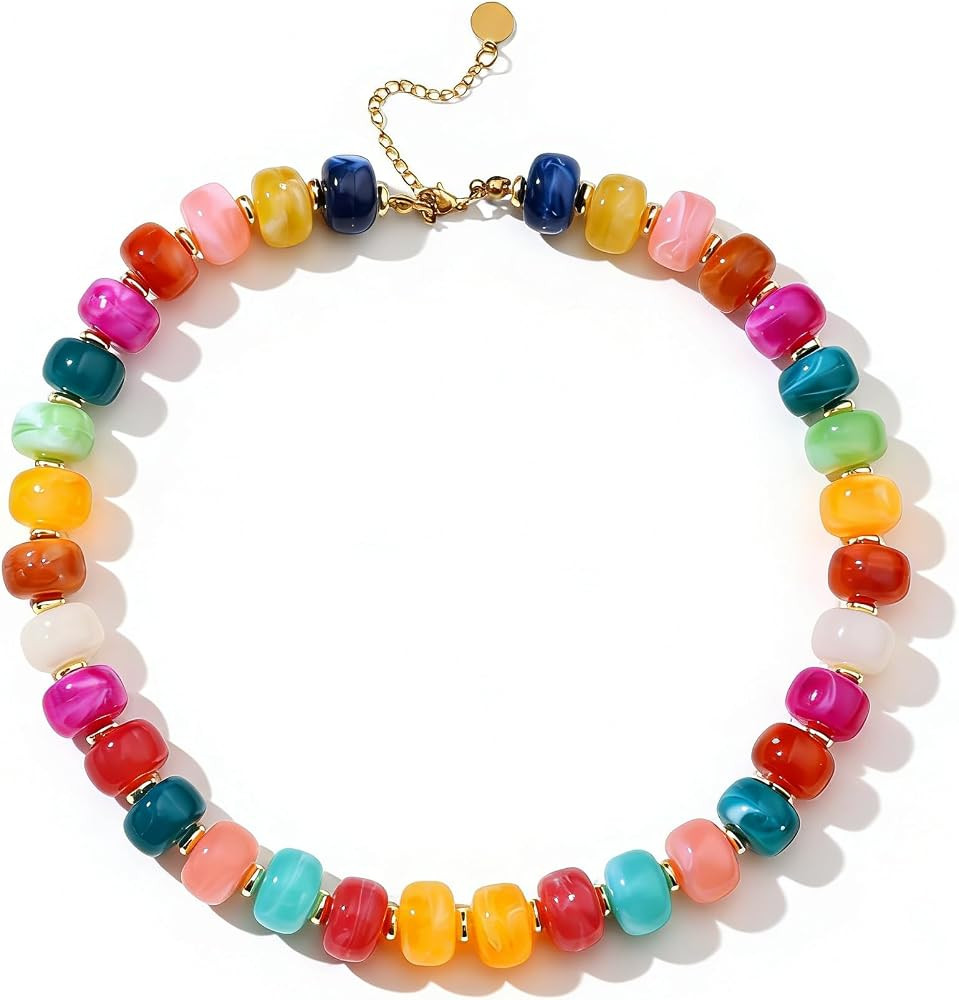 Chunky Beaded Statement Necklace for Women Trendy Colorful Boho Resin Bead Choker Necklaces Summe... | Amazon (US)