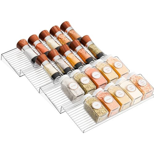 Yieach 4 Pack Adjustable In Drawer Spice Organizer - Expandable From 11" to 22" - Clear Acrylic Seasoning Organizer with Jars for Kitchen Drawer,Horizontal Tiered Kitchen Spice Organization & Tray | Amazon (US)