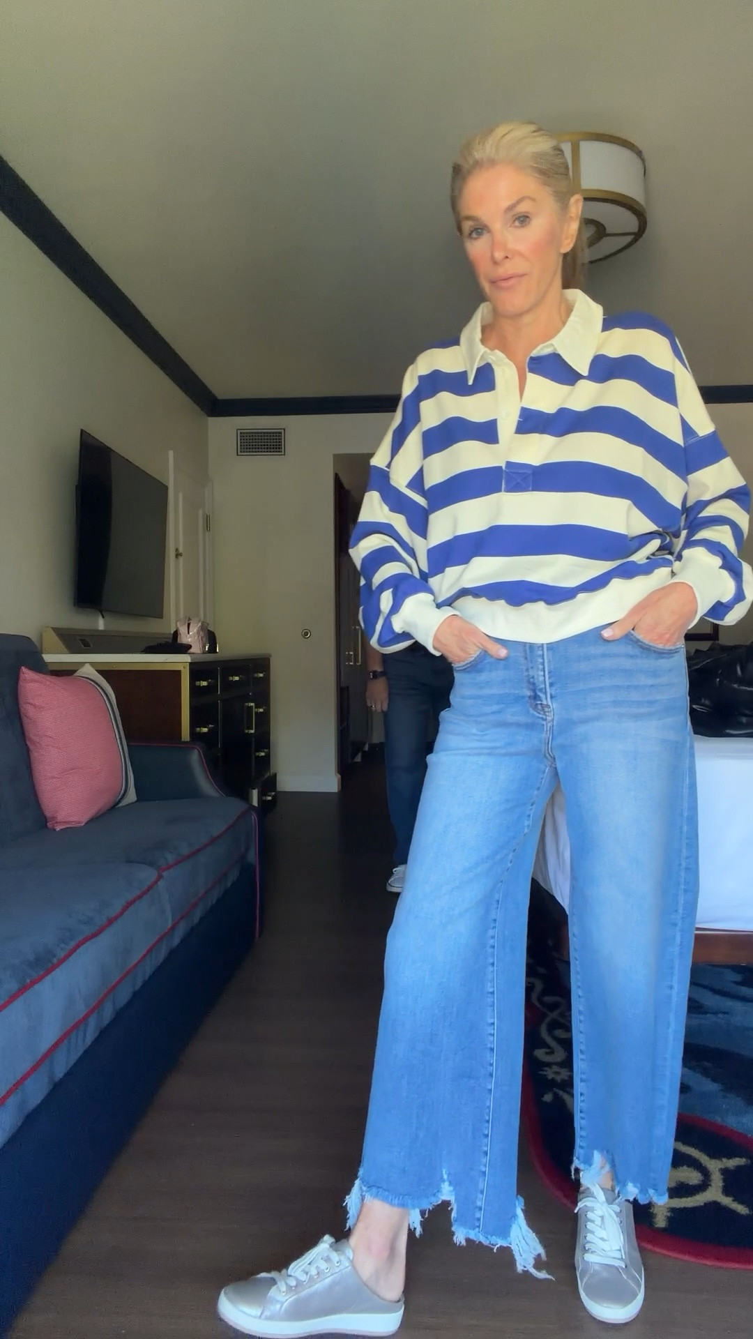 Social Threads jeans and rugby sweatshirt. Wearing size S (oversized)
Size down 1/2 size in sneakers. 

#LTKTravel #LTKCyberWeek #LTKFindsUnder100