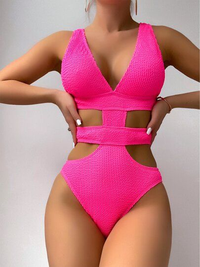 Plain Textured Cut-out One Piece Swimsuit
   SKU: sw2112316838211671      
          (160 Reviews... | SHEIN