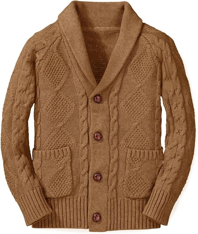 Boy's Sweater Cardigan Button Down Shawl Collar Cable Knitted Outwear Sweater Coats with Pockets | Amazon (US)
