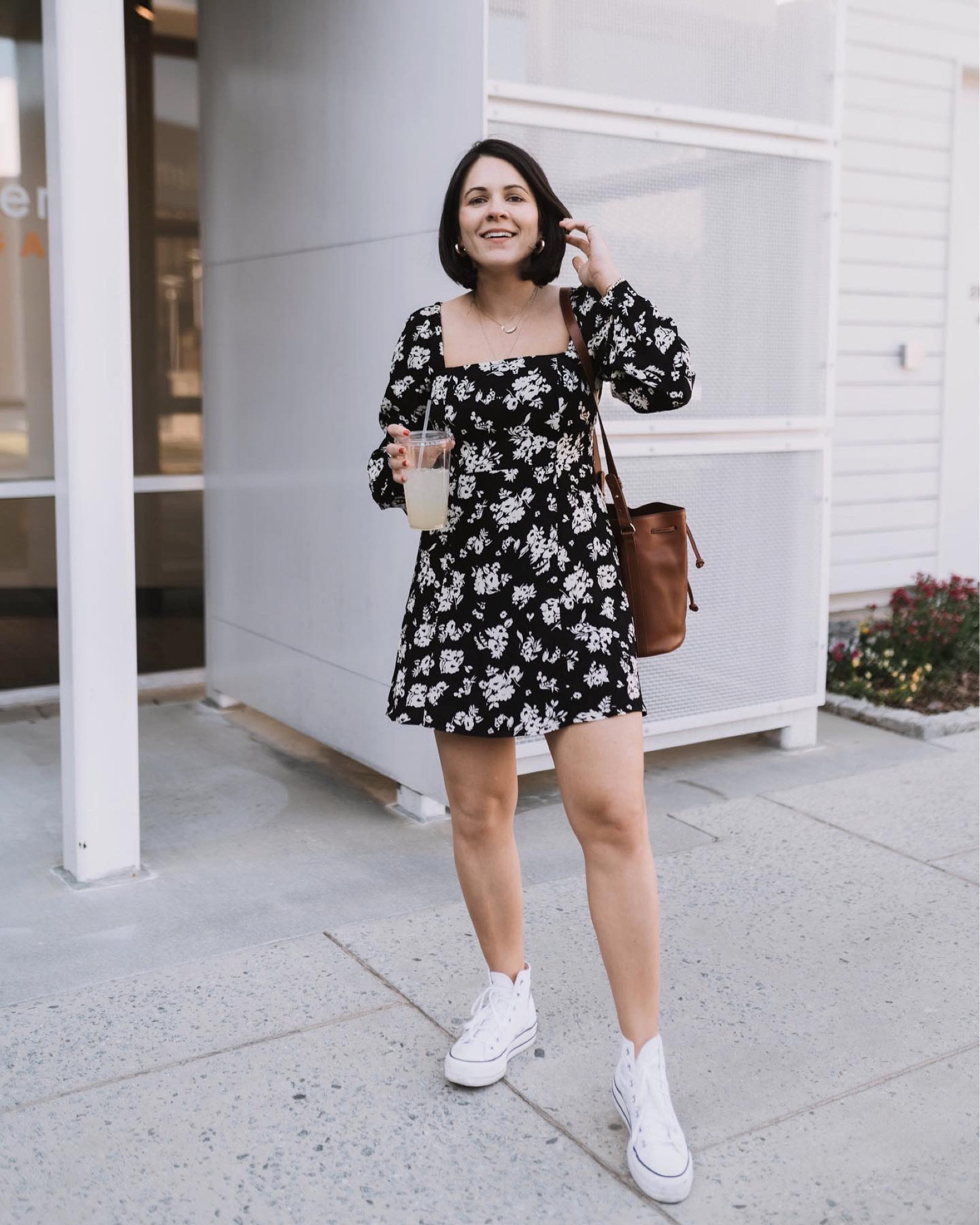 Sezane floral square neck mini dress. High top converse 

#LTKstyletip #LTKFind #LTKshoecrush