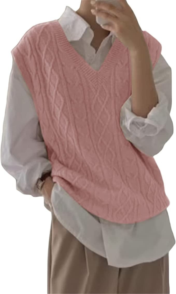 Women's V Neck Sweater Vest Oversized Sleeveless Loose Knit Tops Cable Sleeveless Sweater | Amazon (US)