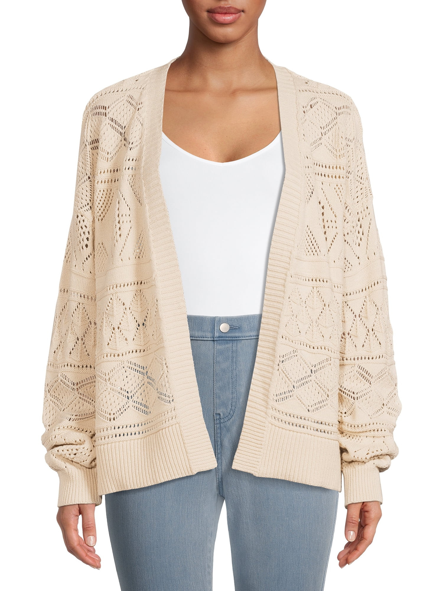 Time and Tru Women's Pointelle Cardigan with Long Sleeves - Walmart.com | Walmart (US)