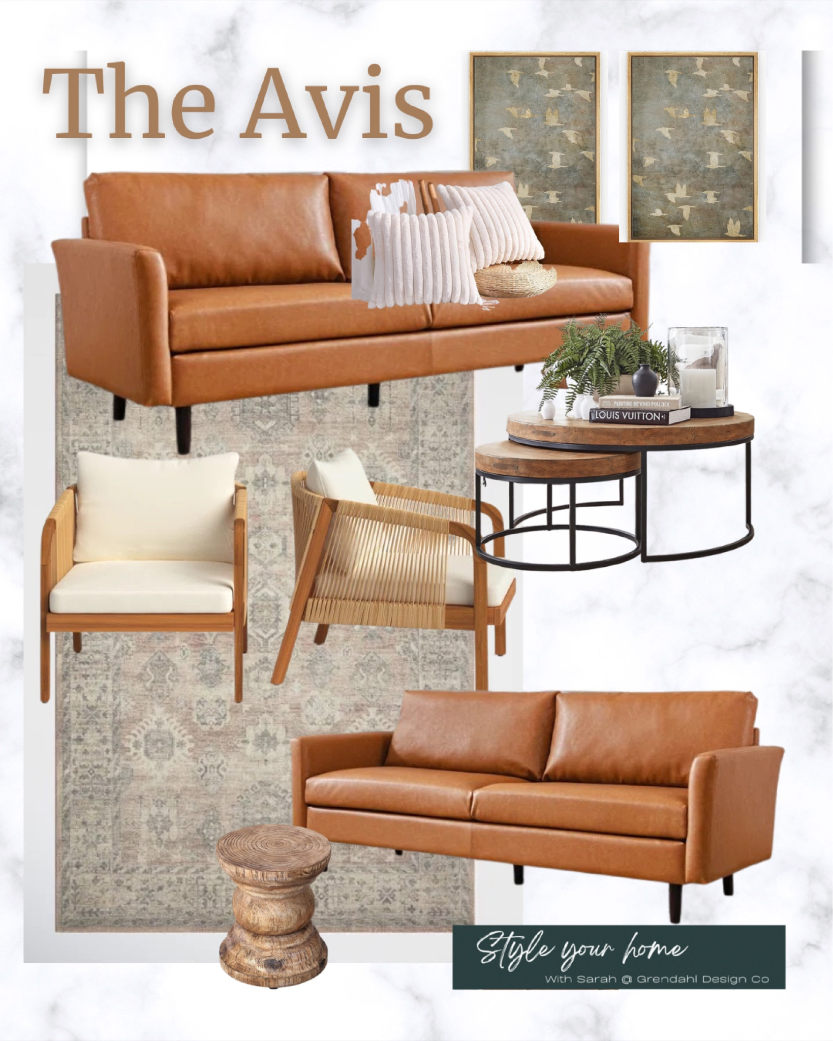 Home staging for living room. Modern organic decor. Furniture. Leather couch. Sofa. Chair. End table. Coffee table wall decor  