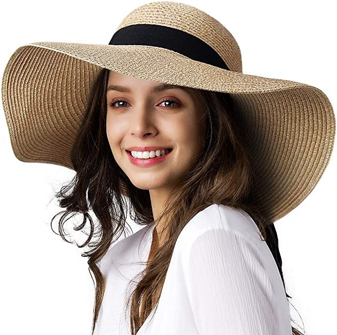 Womens Sun Straw Hat Wide Brim UPF 50 Summer Hat Foldable Roll up Floppy Beach Hats for Women at ... | Amazon (US)