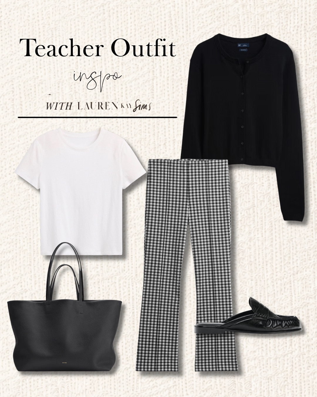 Easy, elevated, and classroom-ready!

If you’re building a chic teacher wardrobe, this is such a good go-to formula: crisp white tee, black cardigan, gingham trousers, sleek black shoes, and a tote that carries it all.  

 #LTKootd #LTKSaleAlert #LTKWorkwear