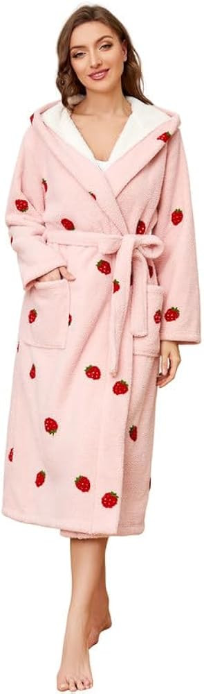Womens Hooded Plush Robes, Soft Cute Warm Fleece Bathrobe for Women Long Embroidered Ladies Loungewear | Amazon (US)