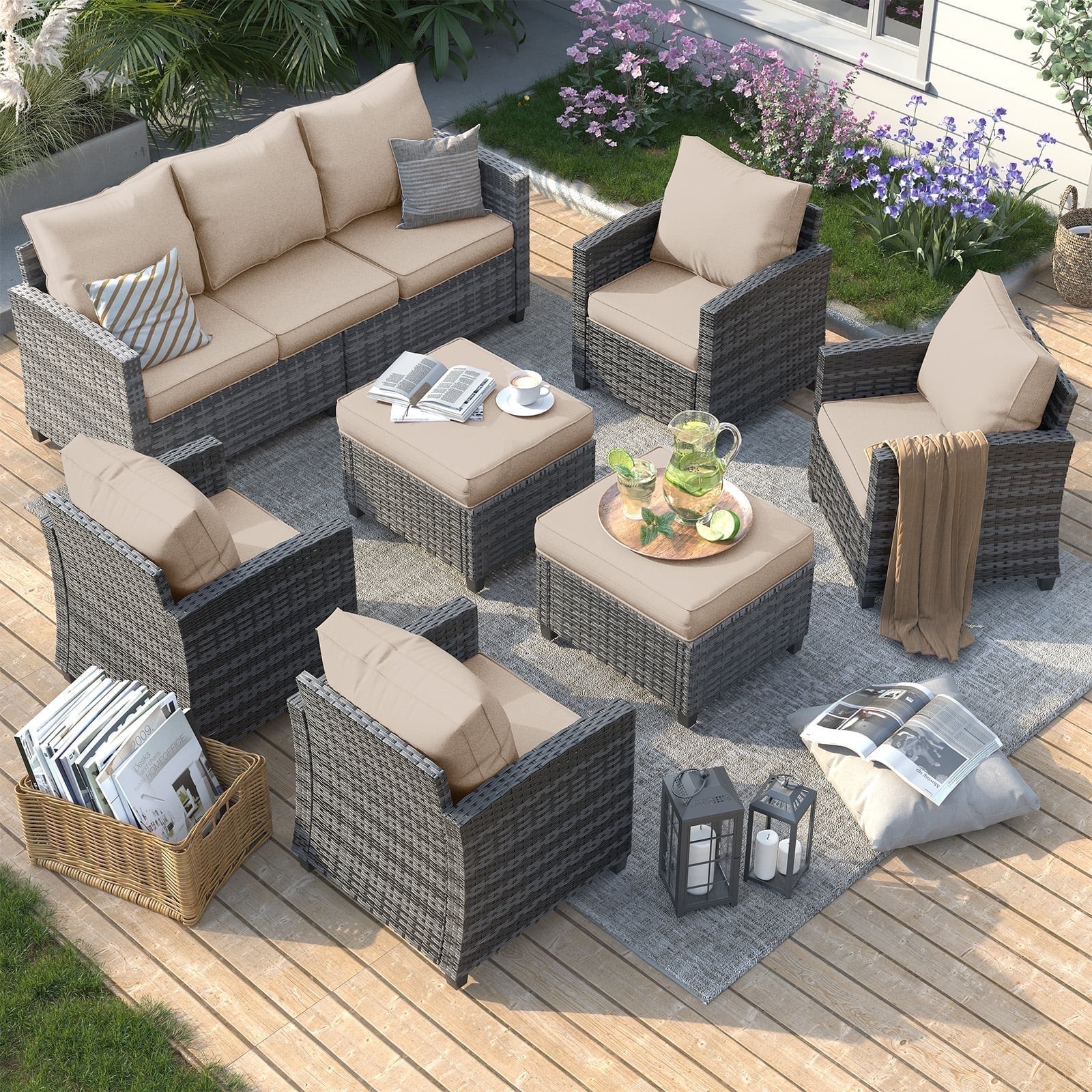 ELPOSUN 7 Pieces Outdoor Patio Furniture Set, 4 x Single Chair, 2 x Ottoman and 3-Seat Sofa with ... | Walmart (US)